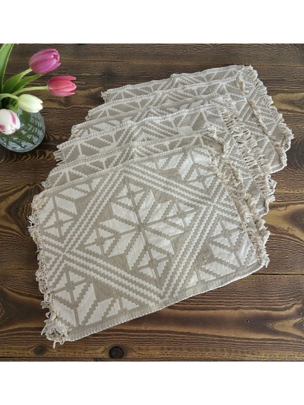 Vintage Placemats Set 6 Country White Tab Beige Tassels Table Decor Stars Woven